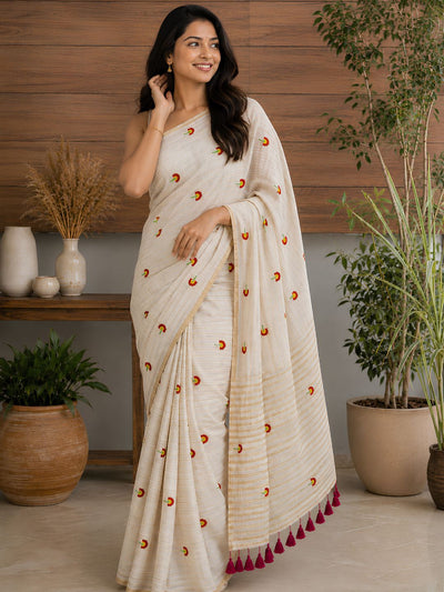 Indiehaat | Mul Cotton Embroidered Saree White
