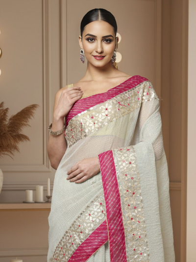 Pankhudi Jugnu Checks Gota Patti Pale White Saree