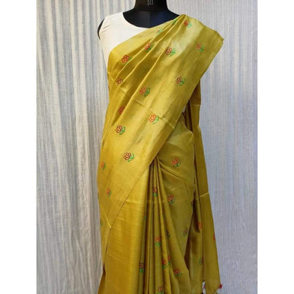 2080-Silkmark Certified Pure Tussar Silk Embroidered Handloom Yellow Saree with Blouse (Tussar by Tussar)