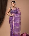 Indiehaat | Blockprinted Kota Doria Purple Saree | Elegant