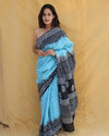 Indiehaat | Pure Mulmul Cotton Saree Sky Blue Color handblock printed with Running Blouse