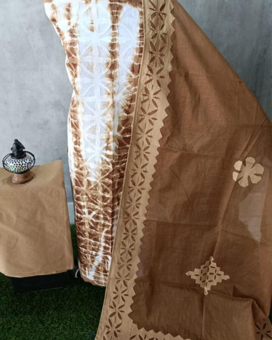 Indiehaat | Cotton Applique Suit Set Shibori Dyed White Top with Brown Bottom and Dupatta