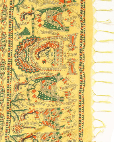 Katan Silk Suit Golden Yellow Color Madhubani Print - IndieHaat