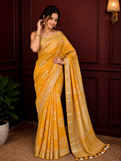 Slub Linen Batik Print Saree Mustard Yellow Color with running blouse - IndieHaat