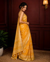 Slub Linen Batik Print Saree Mustard Yellow Color with running blouse - IndieHaat