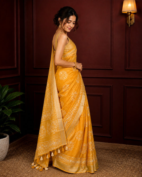 Slub Linen Batik Print Saree Mustard Yellow Color with running blouse - IndieHaat