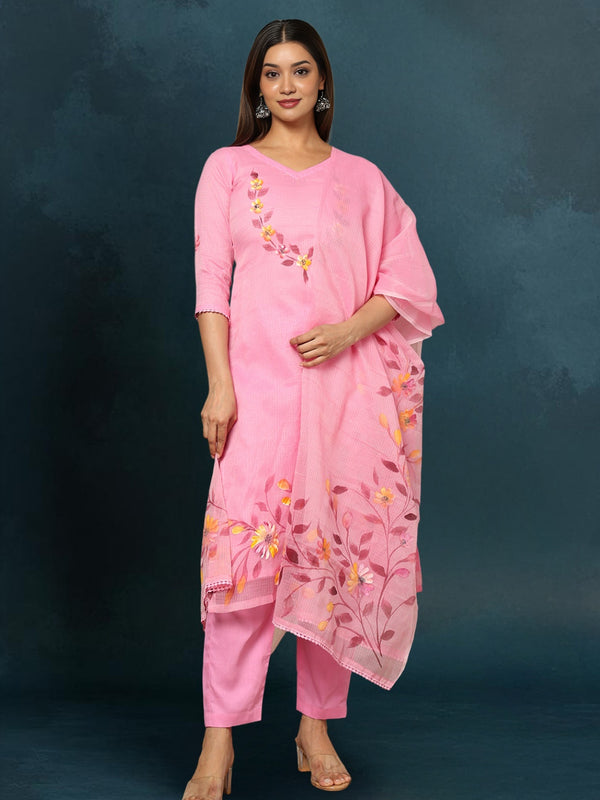 IndieHaat Kota Doria Pink Suit Stitch Embroidery 3/4th Sleeve