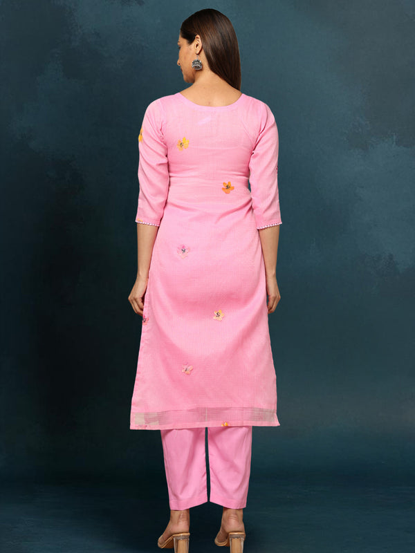 IndieHaat Kota Doria Pink Suit Stitch Embroidery 3/4th Sleeve