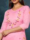 IndieHaat Kota Doria Pink Suit Stitch Embroidery 3/4th Sleeve
