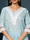 IndieHaat Kota Doria Blue Suit Handblock Print 3/4th Sleeve
