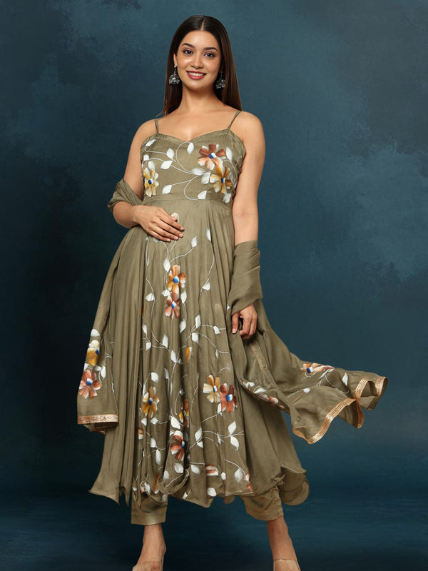 Indiehaat Organza Bottle Green Suit Hand Painted Three Quarter Length Sleeve