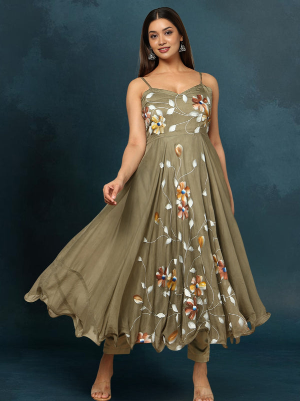 Indiehaat Organza Bottle Green Suit Hand Painted Three Quarter Length Sleeve