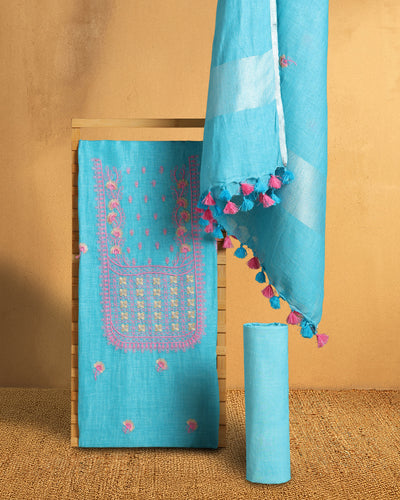 Gulmohar Pure Linen Embroidered Sky Blue Suit (T+B+D) Piece