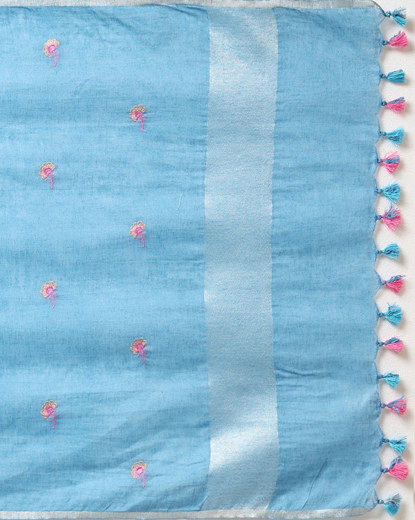 Indiehaat | Pure Linen Embroidered Suit Piece Blue