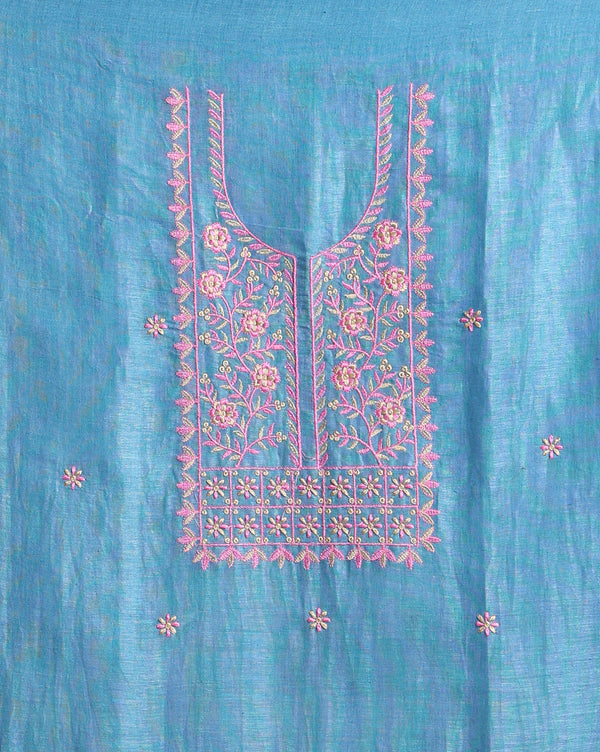 Indiehaat | Pure Linen Embroidered Suit Piece Blue