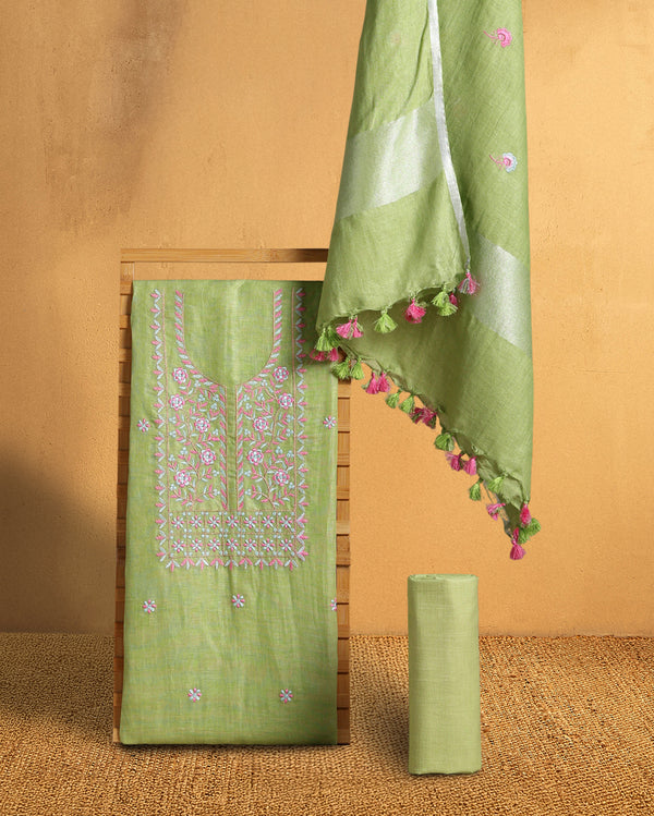 Gulmohar Pure Linen Embroidered Green Suit Piece