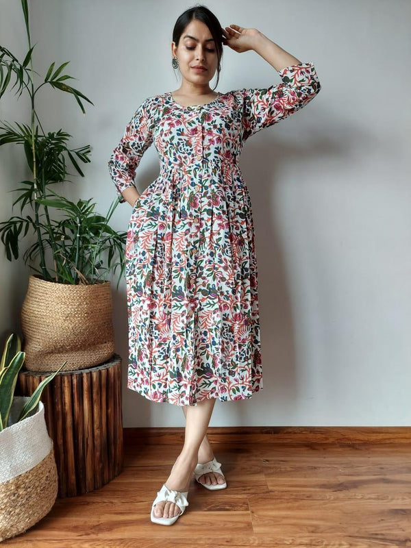 Indiehaat | Cotton Long Dress Multi Color Blockprinted