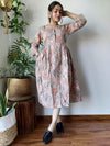 Indiehaat | Cotton Long One Piece Dress Light Brown Bagru Hand Printed Size 36 to 46