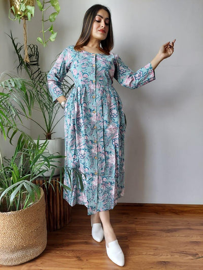 Joyful Blockprinted Cotton Pastel Blue Long Dress (Last Piece Available)