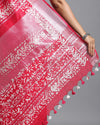 Crimson Slub Linen Wax Batik Handcrafted Saree Red