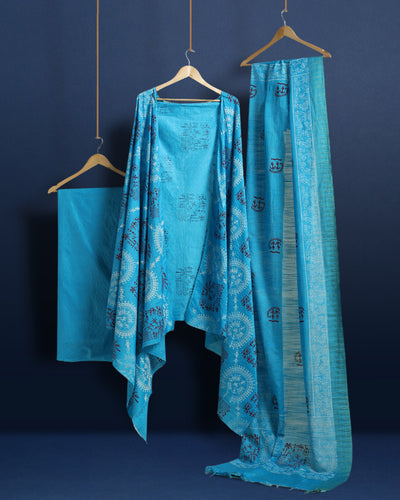 Katan Silk Fanciful Blockprint Sky Blue Suit (T+B+D)