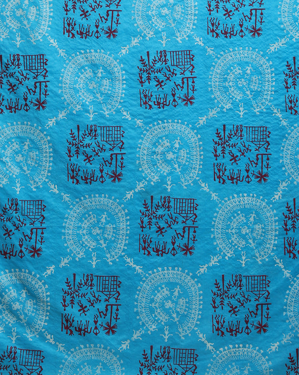 Katan Silk Fanciful Blockprint Sky Blue Suit