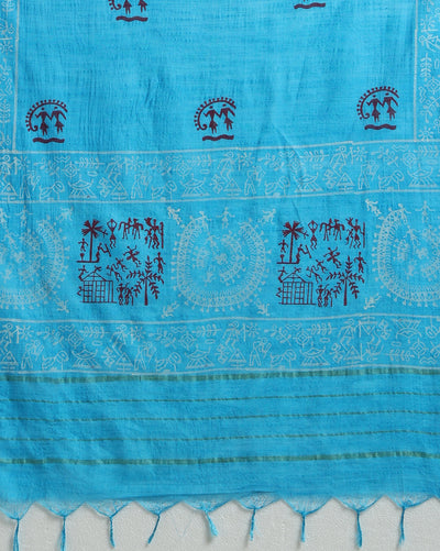 Katan Silk Fanciful Blockprint Sky Blue Suit (T+B+D)