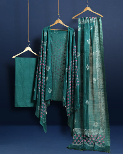 Katan Silk Gleaming Blockprint Green Suit (T+B+D)