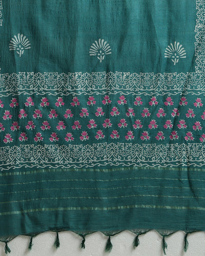Katan Silk Gleaming Blockprint Green Suit (T+B+D)