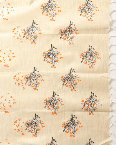 Blossom Blockprinted Khadi Silk Leafy Beige Suit (T+B+D)