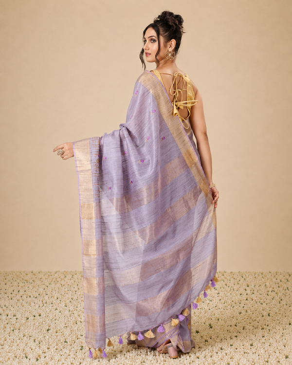 IndieHaat | Banswara Silk Lavendar Saree Digital Embroidery Lotus Design Running Blouse