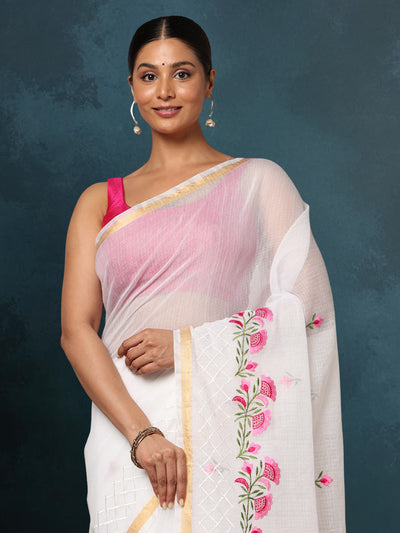 Kota Doria White Saree Embroidery