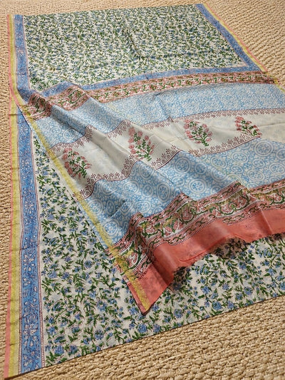 Indiehaat | Blockprint Chanderi Silk Saree Beige | Elegance in Silk