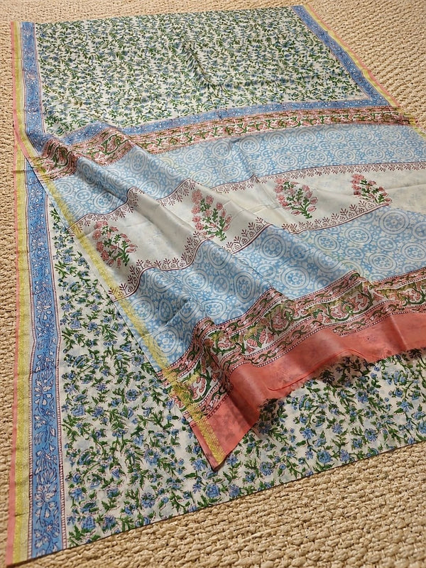 Indiehaat | Blockprint Chanderi Silk Saree Beige | Elegance in Silk