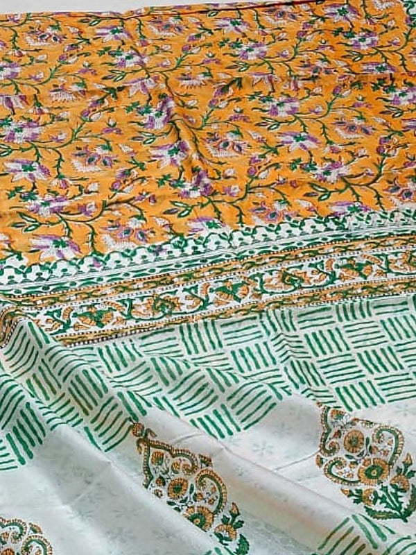 Indiehaat | Blockprint Chanderi Silk Saree Orange | Elegance in Silk
