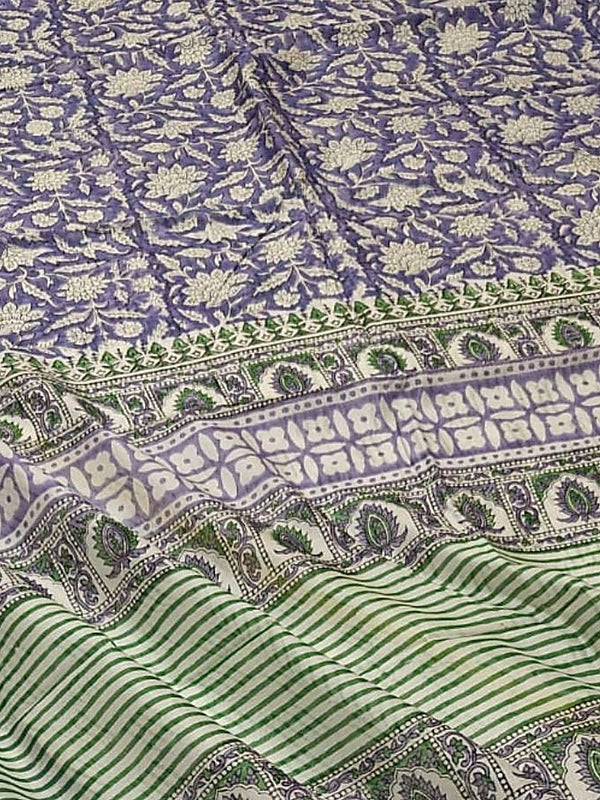 Indiehaat | Blockprint Chanderi Silk Saree Blue | Elegance in Silk