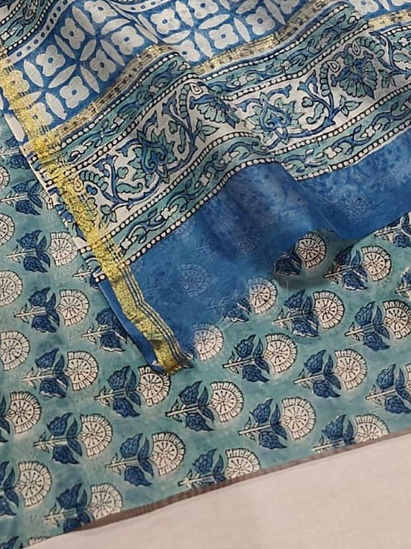 Indiehaat | Blockprint Chanderi Silk Saree Green | Elegance in Silk