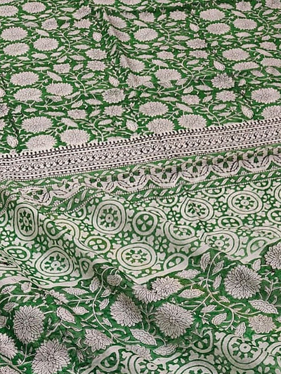 Indiehaat | Blockprint Chanderi Silk Saree Green | Elegance in Silk