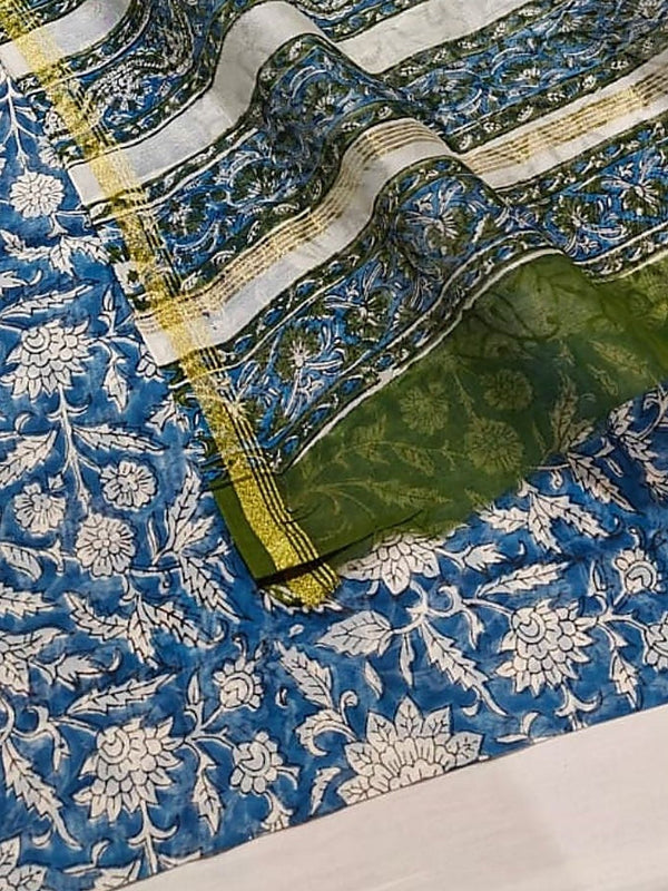 Indiehaat | Blockprint Chanderi Silk Saree Blue | Elegance in Silk