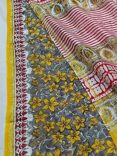 Indiehaat | Blockprint Chanderi Silk Saree Yellow | Elegance in Silk