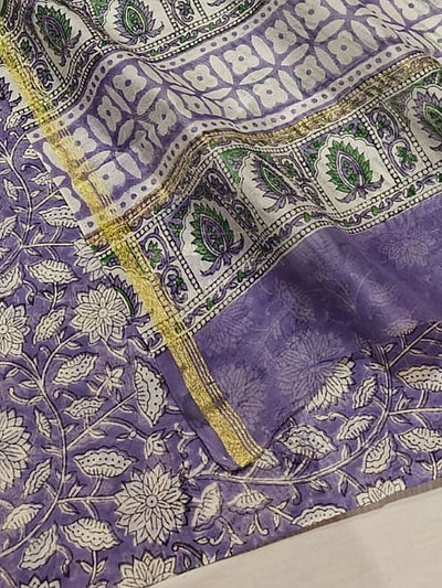 Indiehaat | Blockprint Chanderi Silk Saree Purple | Elegance in Silk