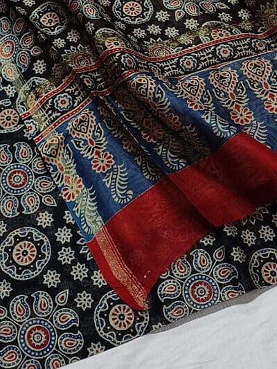 Indiehaat | Ajrakh Printed Chanderi Silk Saree Black | Serenity in Silk