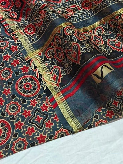 Indiehaat | Ajrakh Printed Chanderi Silk Saree Blue | Serenity in Silk