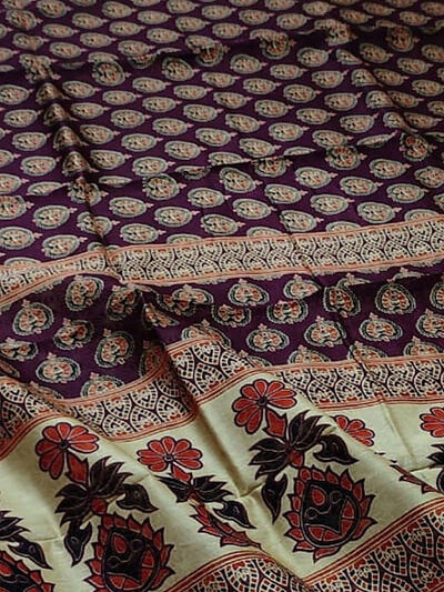 Indiehaat | Ajrakh Printed Chanderi Silk Saree Purple | Serenity in Silk