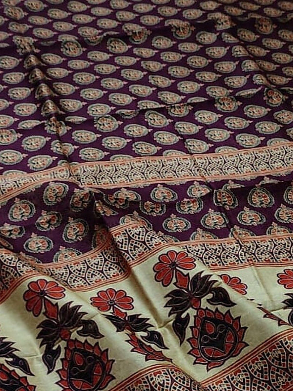 Indiehaat | Ajrakh Printed Chanderi Silk Saree Purple | Serenity in Silk