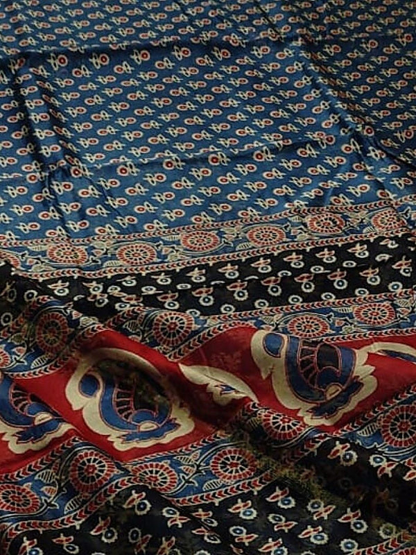 Indiehaat | Ajrakh Printed Chanderi Silk Saree Blue | Serenity in Silk