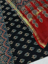 Indiehaat | Ajrakh Printed Chanderi Silk Saree Black | Serenity in Silk