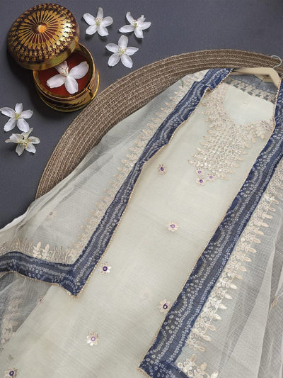 Glimmering Kota Doria Gota Patti Milky White Suit (T+B+D)