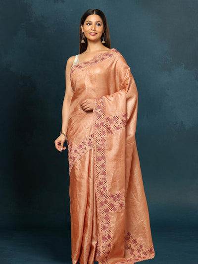 Indiehaat | Silkmark Certified Pure Tussar Cutwork Brown Saree