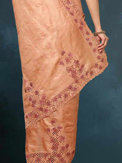 Indiehaat | Silkmark Certified Pure Tussar Cutwork Brown Saree
